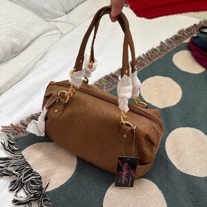 Stone Mountain Brown Ostrich Pattern Satchel Shoulder Handbag Leather New